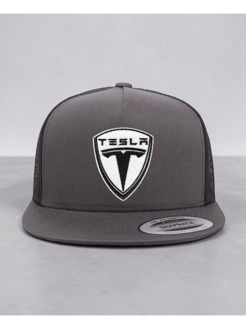 Tesla Patch on YP Flat Bill Trucker Hat Mesh Back Snapback charcoal/black
